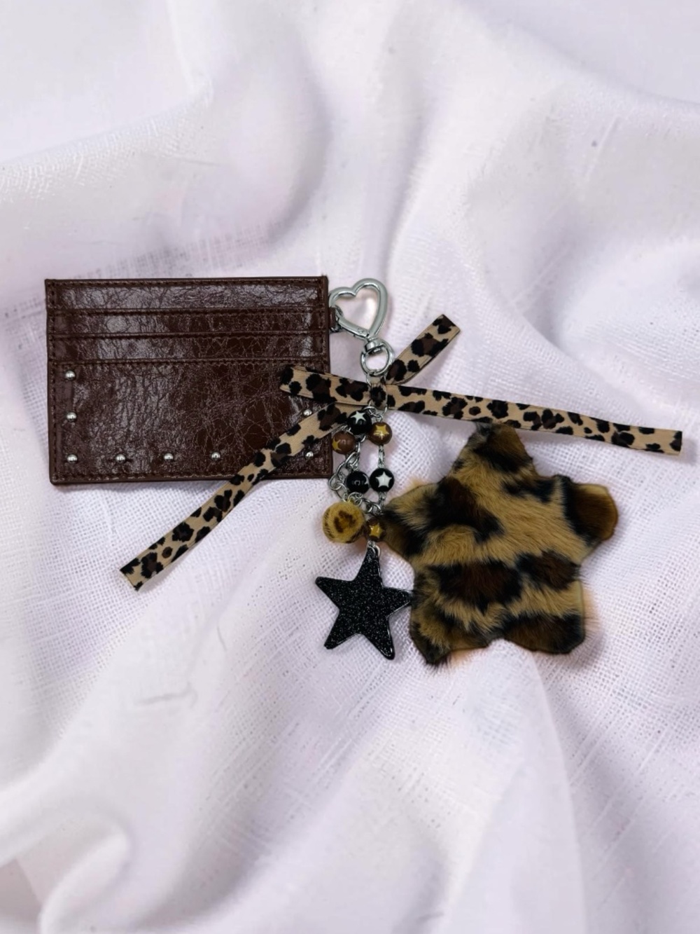 Cute Espresso Brown Card Holder Wallet w/ Keychain Leopard Plush Star Charm